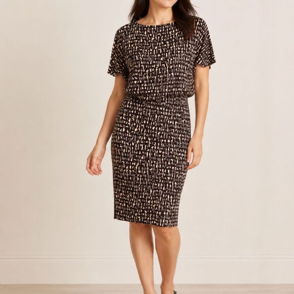 NIC+ZOE Dresses & Skirts - NIC+ZOE Abstract Print Stretch Knit Knee Dress Size PM Black Tan Lined